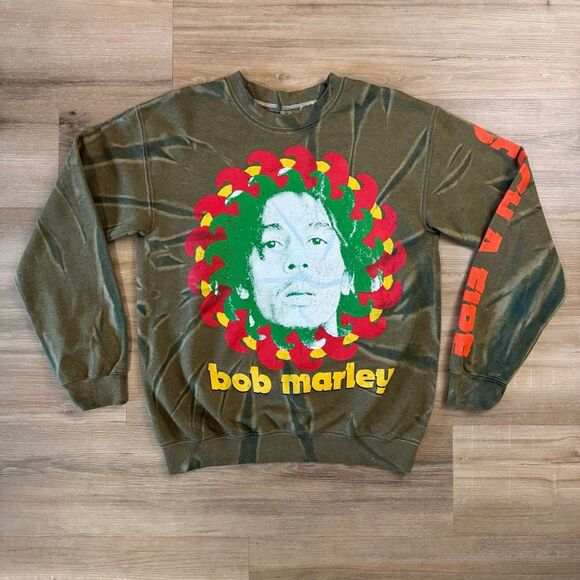 New Bob Marley Green Crewneck Sweatshirt Size Small Catch A Fire Reggae Rasta - Picture 1 of 5